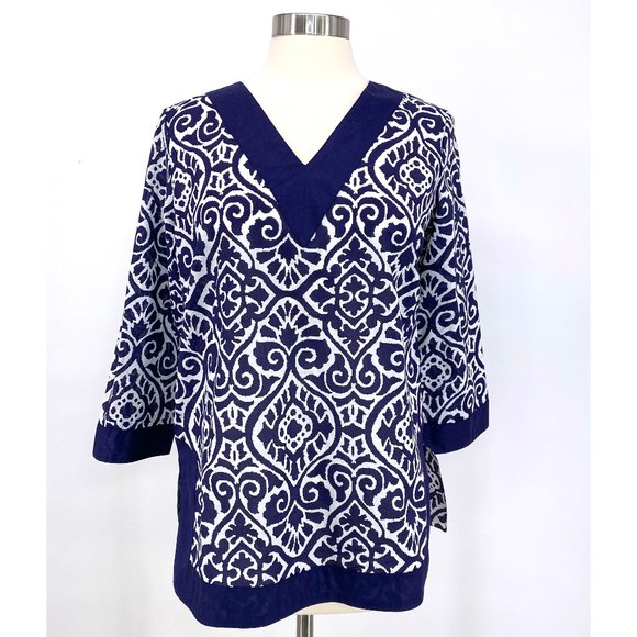 Caribbean Joe Batik Print Tunic Navy White NWT - Picture 1 of 7